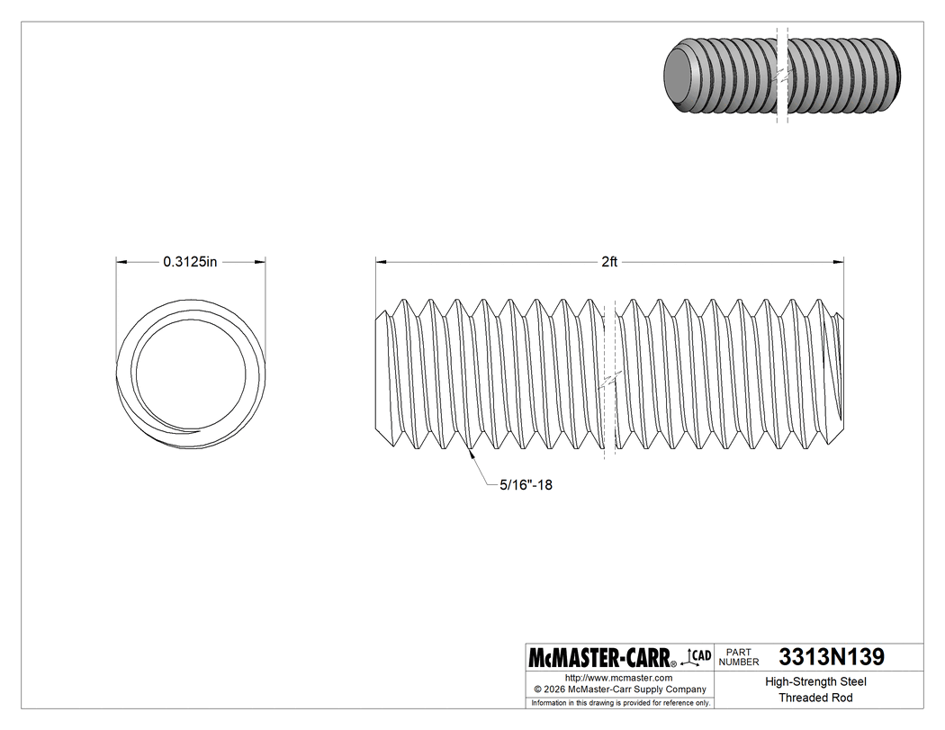 Technical Drawing of High-Strength Steel Threaded Rod, Zinc-Yellow-Chromate Plated, 5/16"-18 Thread Size, 2 Feet Long.